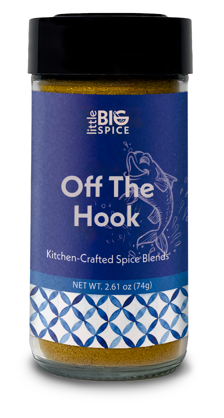 A bottle of Off The Hook Middle Eastern spice blend for seasoning fish, shrimp, and seafood with aromatic, bold Mediterranean flavors.
