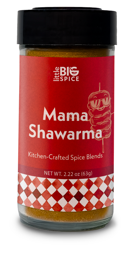 Bottle of Mama Shawarma spice blend. Made with 9 spices for marinating meats or vegetables to make delicious, authentic Mediterranean shawarma.