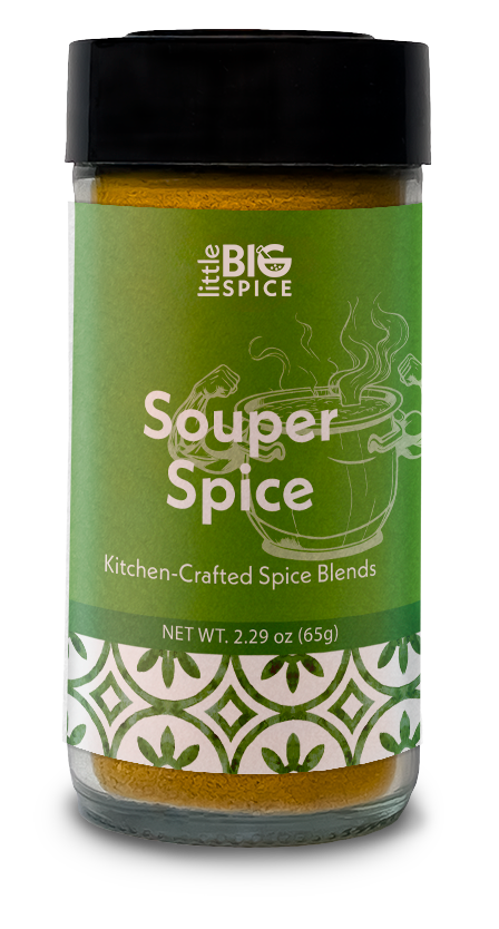 A bottle of Souper Mediterranean Spice blend, for seasoning soups and stews with 8 aromatic spices and health-boosting turmeric.